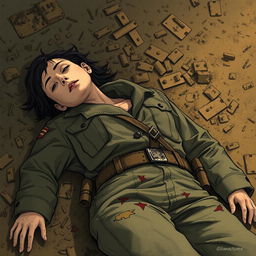 A detailed illustration of a fallen female soldier in a battlefield, her uniform tattered and signs of a recent battle visible