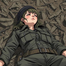 A detailed illustration of a fallen female soldier in a battlefield, her uniform tattered and signs of a recent battle visible