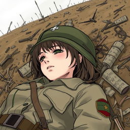 A detailed illustration of a fallen female soldier in a battlefield, her uniform tattered and signs of a recent battle visible