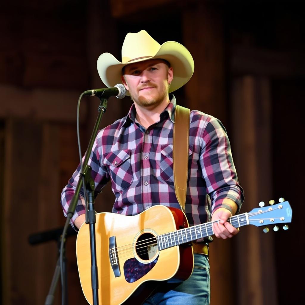 A portrait of Maddox Baston, a country singer, performing on stage