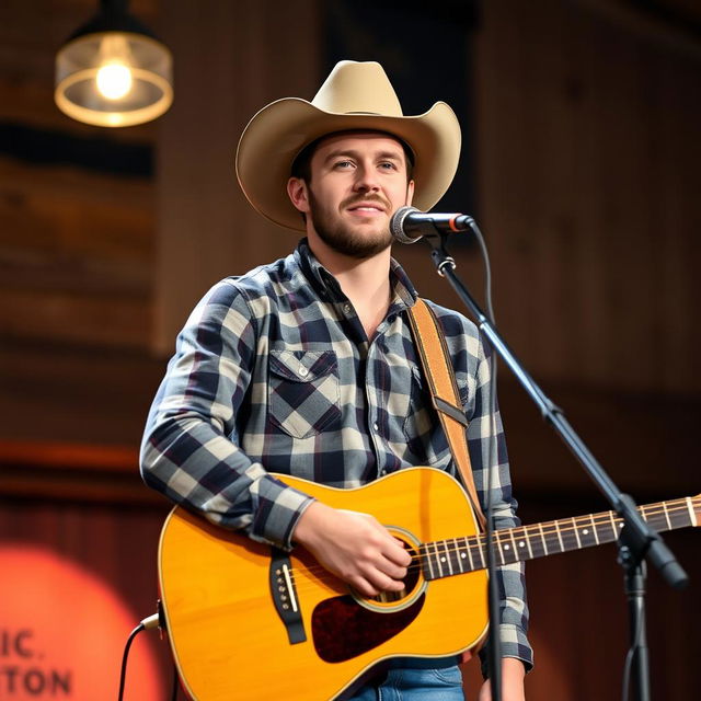 A portrait of Maddox Baston, a country singer, performing on stage