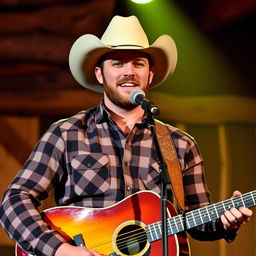 A portrait of Maddox Baston, a country singer, performing on stage