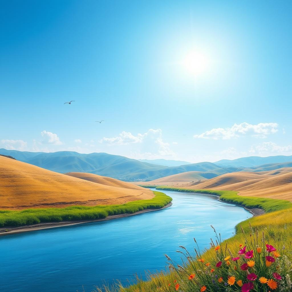 An image of a serene landscape with rolling hills, a clear blue sky, and a calm river flowing through the scene