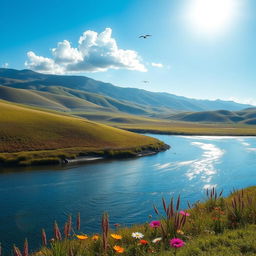 An image of a serene landscape with rolling hills, a clear blue sky, and a calm river flowing through the scene