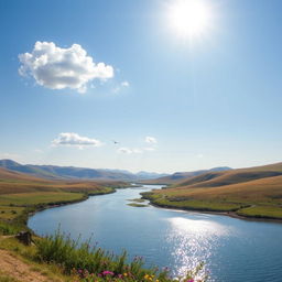 An image of a serene landscape with rolling hills, a clear blue sky, and a calm river flowing through the scene