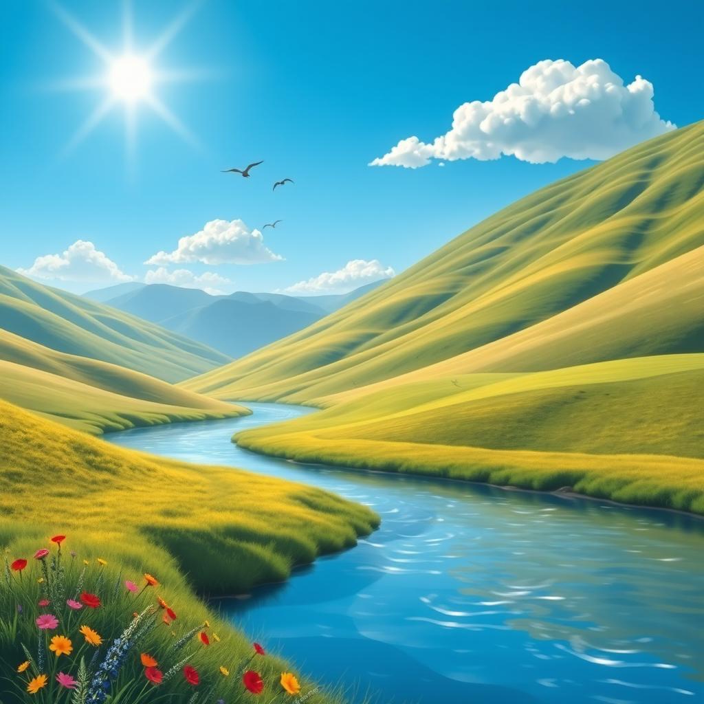 An image of a serene landscape with rolling hills, a clear blue sky, and a calm river flowing through the scene