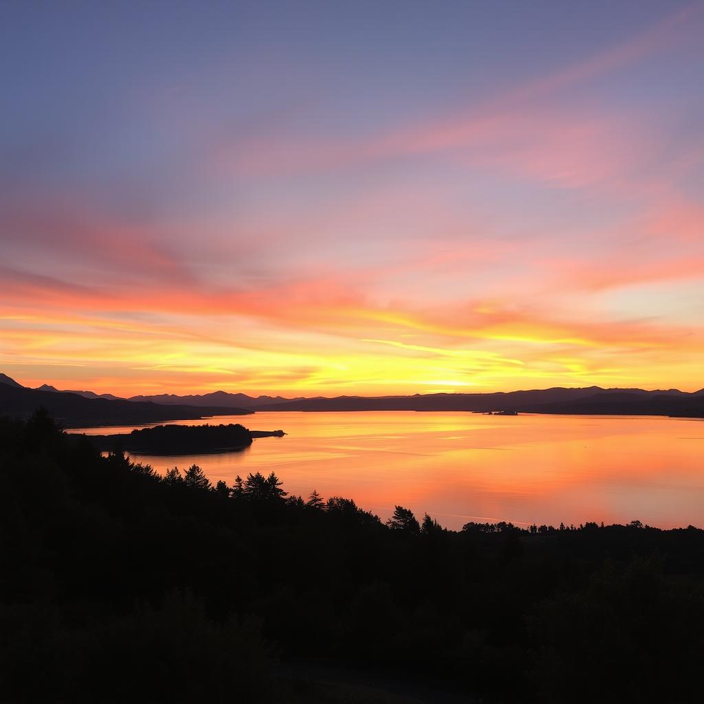 A serene landscape featuring a picturesque sunset over a calm lake, surrounded by lush green trees and mountains in the background