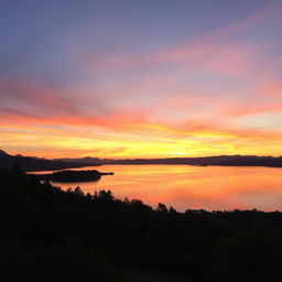 A serene landscape featuring a picturesque sunset over a calm lake, surrounded by lush green trees and mountains in the background