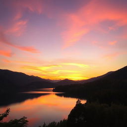 A serene landscape featuring a picturesque sunset over a calm lake, surrounded by lush green trees and mountains in the background