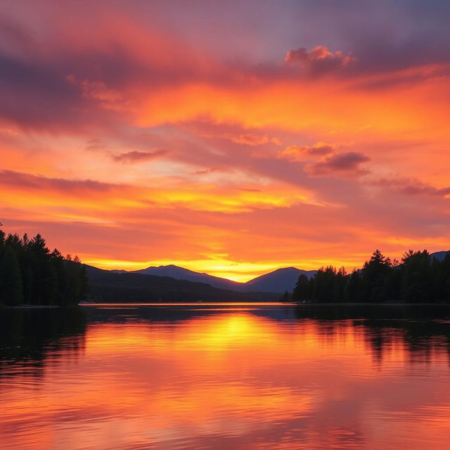 A serene landscape featuring a picturesque sunset over a calm lake, surrounded by lush green trees and mountains in the background