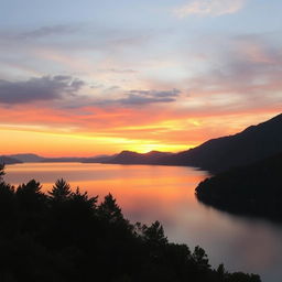 A serene landscape featuring a picturesque sunset over a calm lake, surrounded by lush green trees and mountains in the background