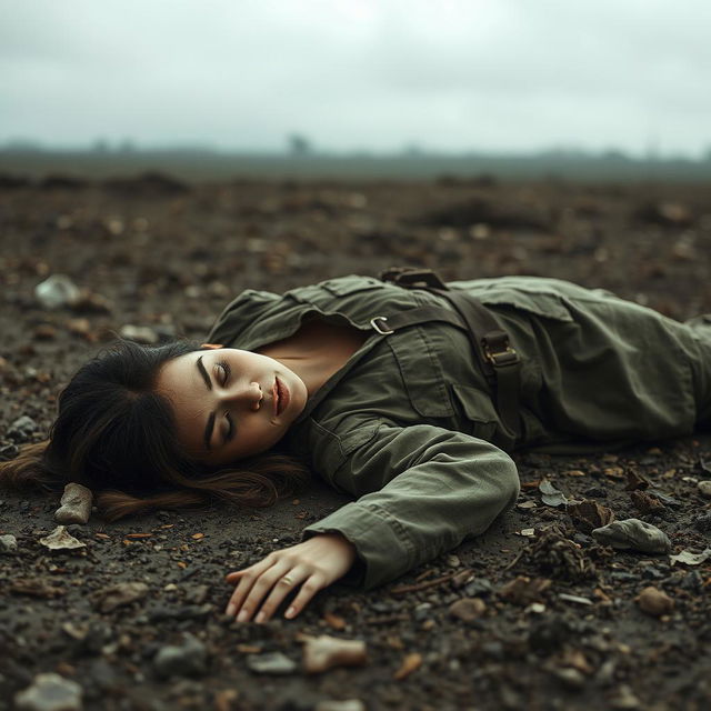 A somber scene depicting a fallen woman soldier on a battlefield