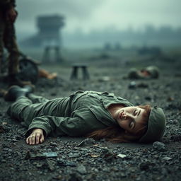 A somber scene depicting a fallen woman soldier on a battlefield