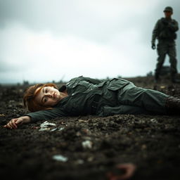 A somber scene depicting a fallen woman soldier on a battlefield