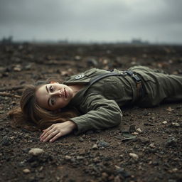 A somber scene depicting a fallen woman soldier on a battlefield