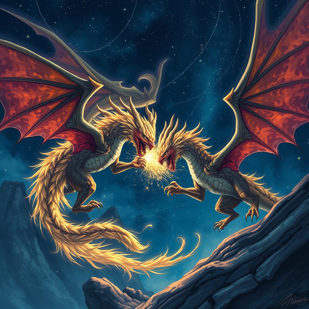 Two majestic wyverns engaged in an epic battle in the starry night sky