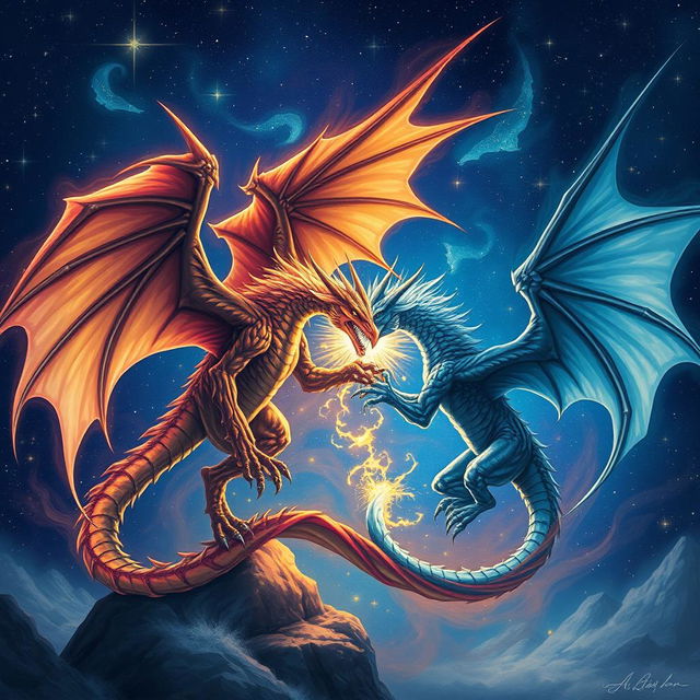 Two majestic wyverns engaged in an epic battle in the starry night sky