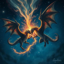 Two majestic wyverns engaged in an epic battle in the starry night sky