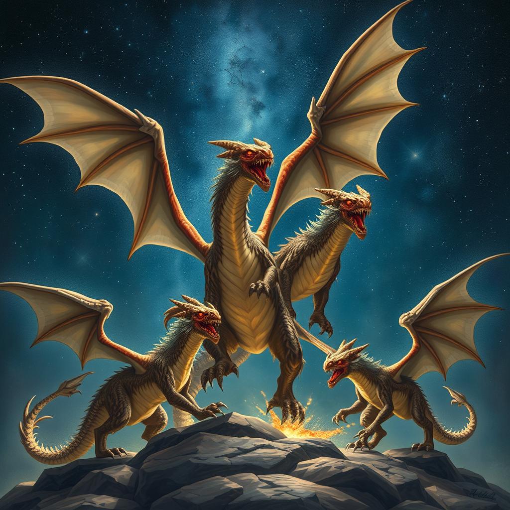 A dramatic scene of five wyverns fighting in the starry sky