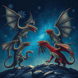 A dramatic scene of five wyverns fighting in the starry sky