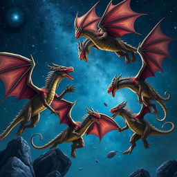 A dramatic scene of five wyverns fighting in the starry sky