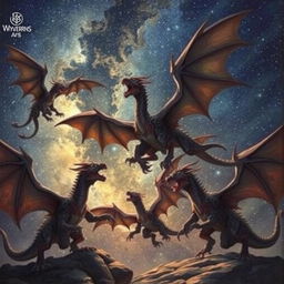 A dramatic scene of five wyverns fighting in the starry sky