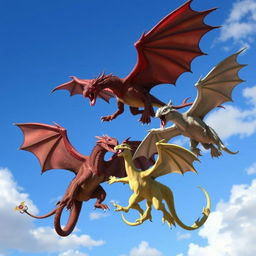 A dynamic scene of five wyverns fighting in the sky