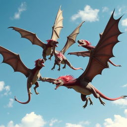 A dynamic scene of five wyverns fighting in the sky