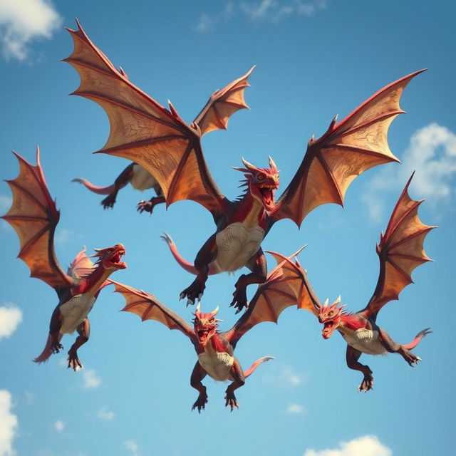 A dynamic scene of five wyverns fighting in the sky