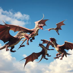 A dynamic scene of five wyverns fighting in the sky