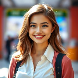 A beautiful young woman with a confident and radiant smile, standing in a stylish outfit