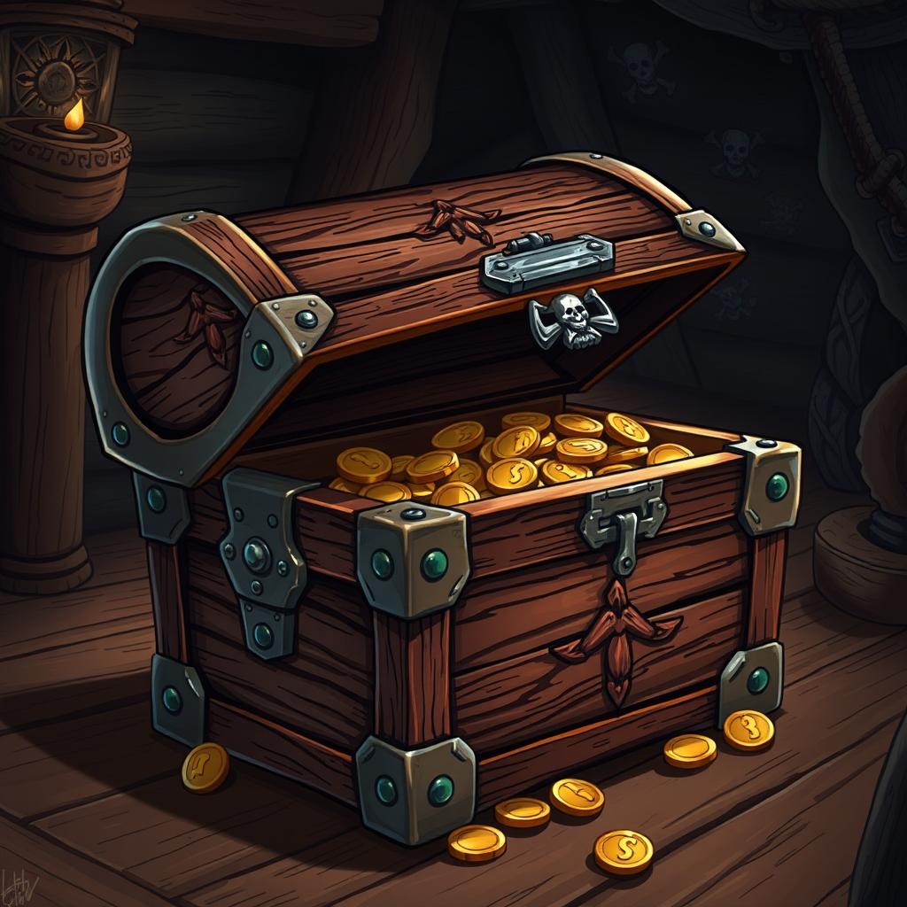 A detailed illustration of a wooden treasure chest with intricate carvings and metal reinforcements