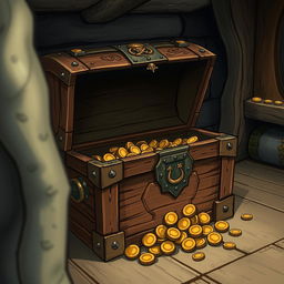 A detailed illustration of a wooden treasure chest with intricate carvings and metal reinforcements