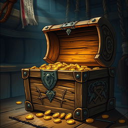 A detailed illustration of a wooden treasure chest with intricate carvings and metal reinforcements