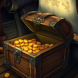 A detailed illustration of a wooden treasure chest with intricate carvings and metal reinforcements