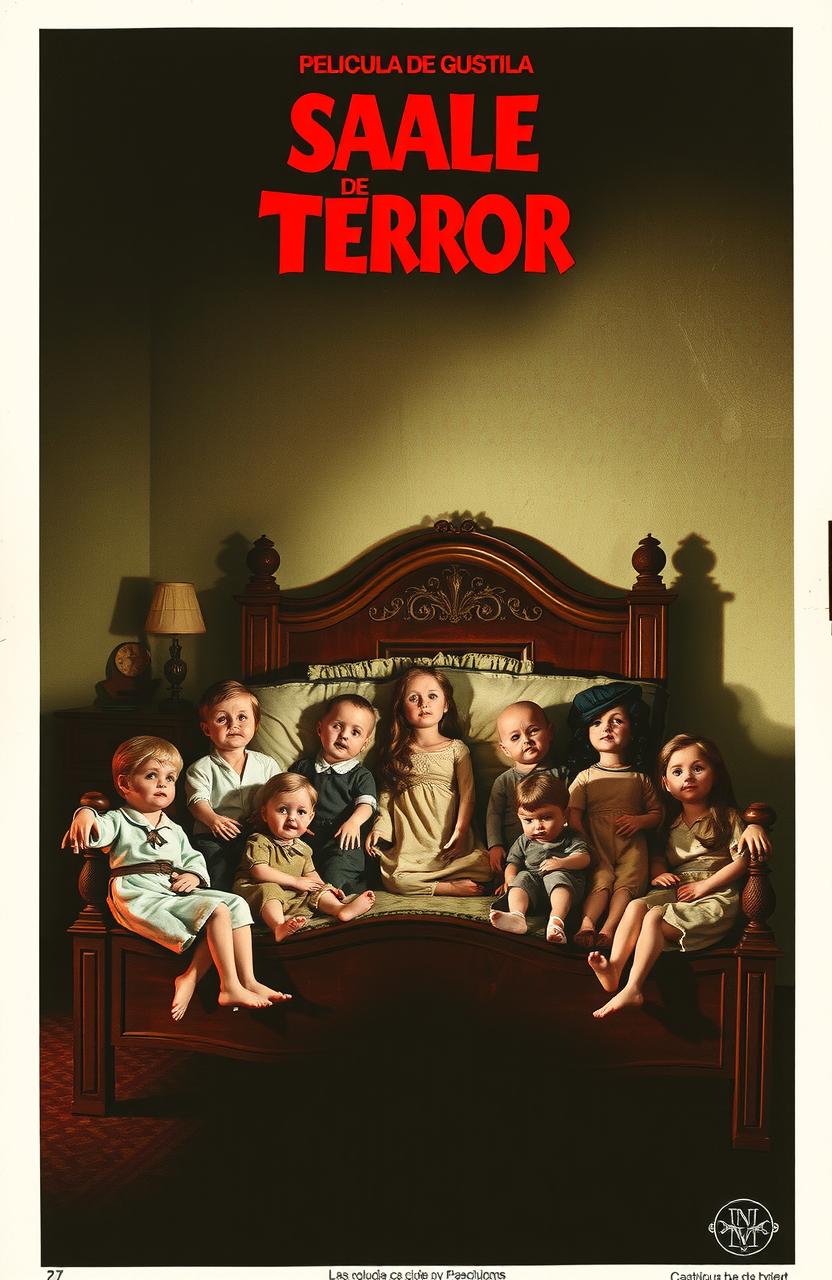 Un póster de una película de terror española de los años 70, con una gran cama antigua llena de muñecas de porcelana con ojos rojos y vestidos manchados de sangre