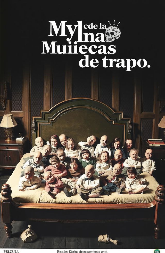 Un póster de una película de terror española de los años 70 titulada 'Muñecas de trapo', con una gran cama antigua llena de muñecas de porcelana con ojos rojos y vestidos manchados de sangre