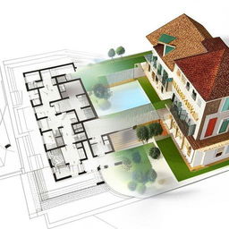 A 3D composition of a colonial and modern mixed habitat plan with an interpenetration of forms. Highlight the interaction and harmonious fusion between the two architectural styles.