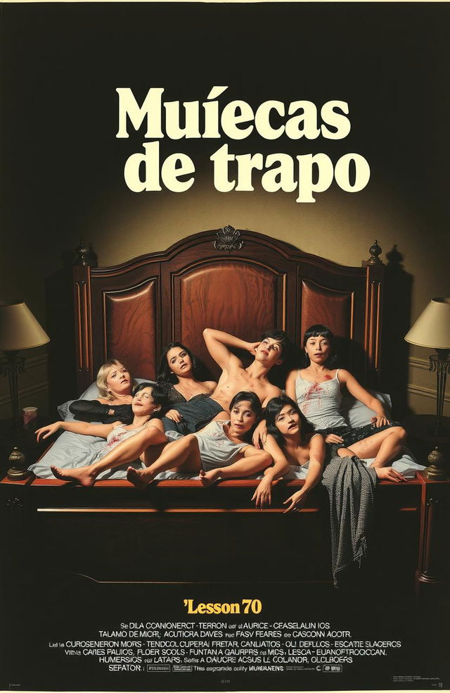 Un póster vintage de una película de terror española de los años 70 titulada 'Muñecas de trapo', con una gran cama antigua donde se ven atadas varias mujeres con ropa manchada de sangre