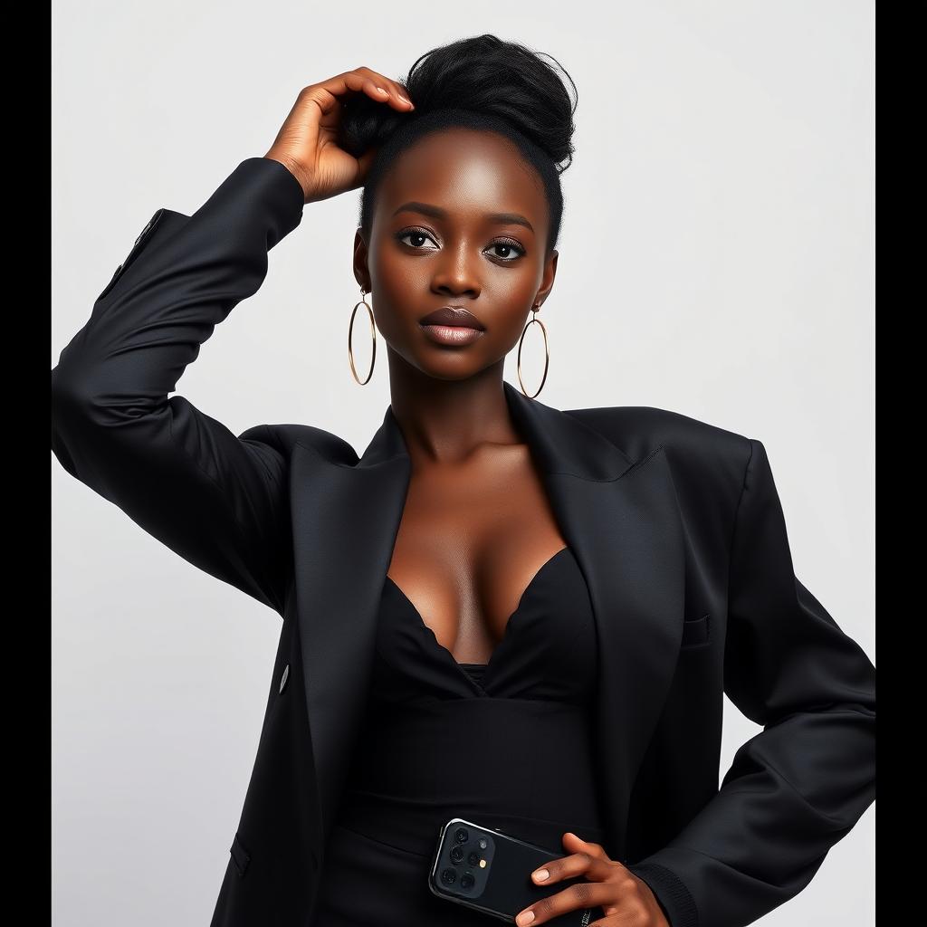 A stunning black model posing confidently while holding a smartphone