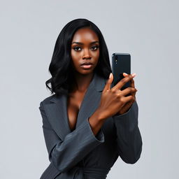 A stunning black model posing confidently while holding a smartphone