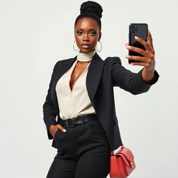 A stunning black model posing confidently while holding a smartphone