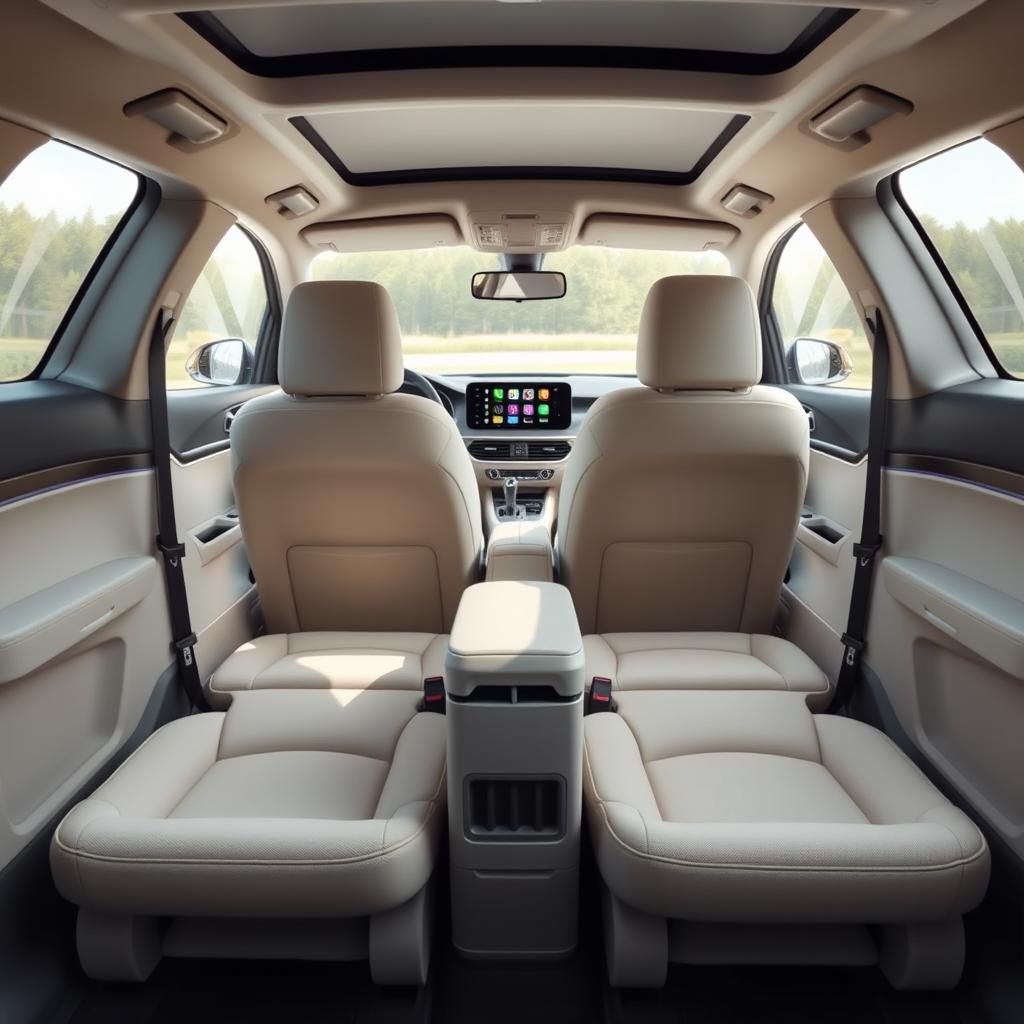 Design the interior of a recently created car with these features: 10-inch touchscreen with integrated navigation system, Apple CarPlay, and Android Auto compatibility