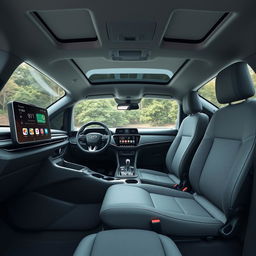 Design the interior of a recently created car with these features: 10-inch touchscreen with integrated navigation system, Apple CarPlay, and Android Auto compatibility