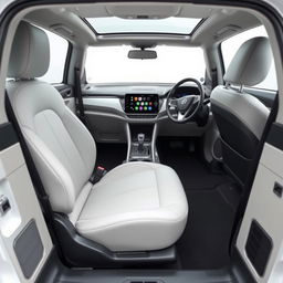 Design the interior of a recently created car with these features: 10-inch touchscreen with integrated navigation system, Apple CarPlay, and Android Auto compatibility