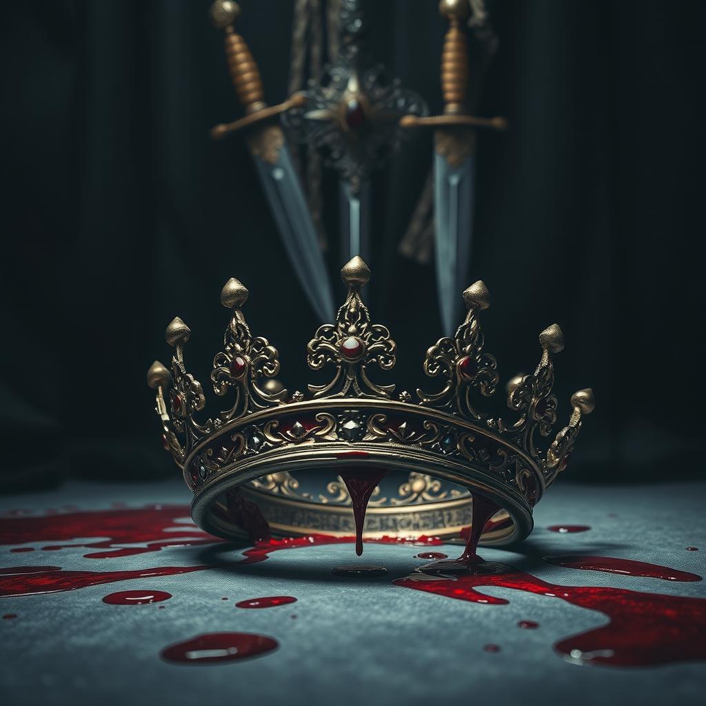 A crown falling in the foreground with blood, and in the background, daggers and a pendant