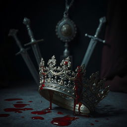 A crown falling in the foreground with blood, and in the background, daggers and a pendant