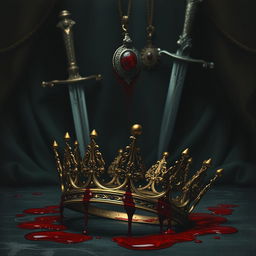 A crown falling in the foreground with blood, and in the background, daggers and a pendant