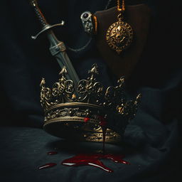 A crown falling in the foreground with blood, and in the background, daggers and a pendant
