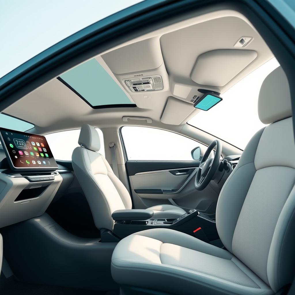 Design the interior of a recently created car with these features: 10-inch touchscreen with integrated navigation system, Apple CarPlay, and Android Auto compatibility